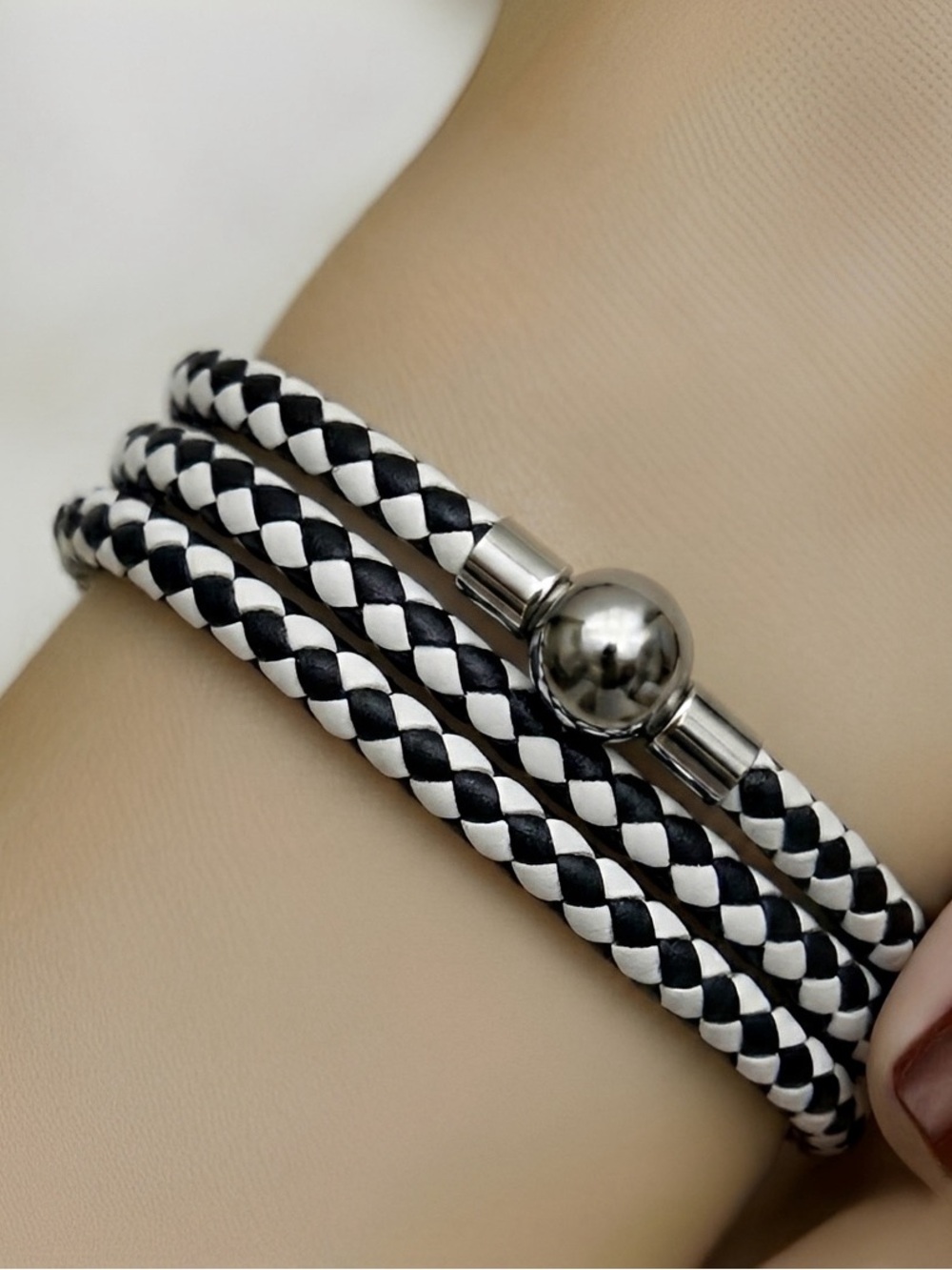 Linx Triple Black and White Leather Braided Cord Bracelet with Magnetic Clasp